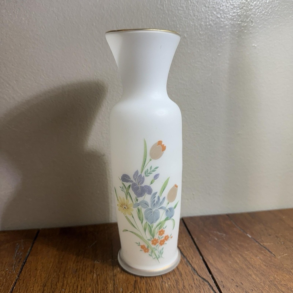 Vintage White Satin Glass Vase Butterfly Flowers‎ Japan  Gold Trim 8" x 2.5"
